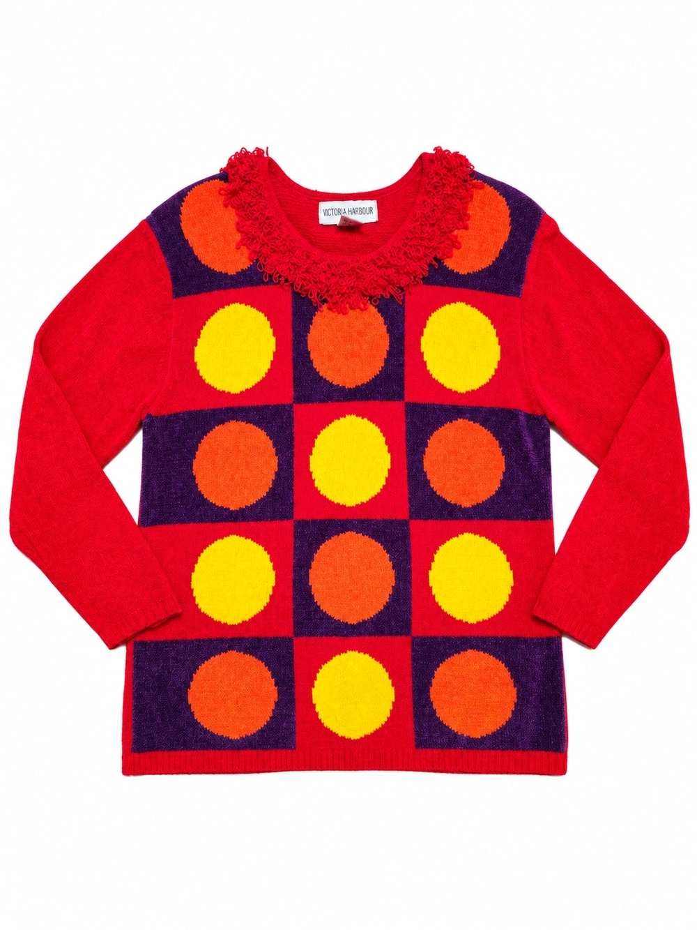 Vintage Pop Art-style Patterned Sweater XL Bold Retro Colorblock Statement